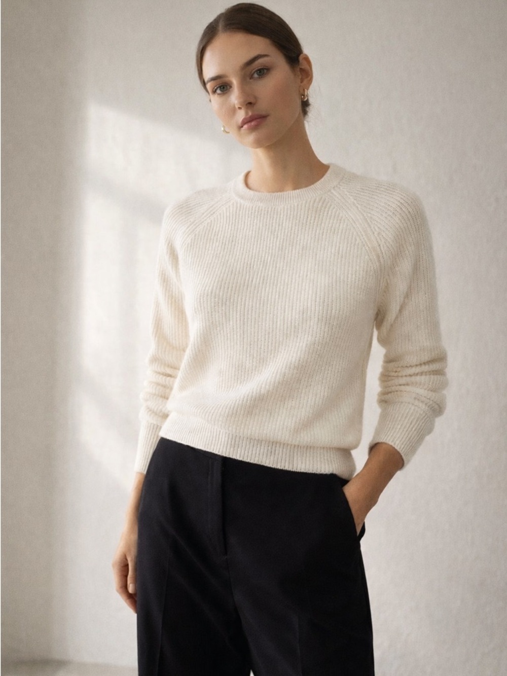 Wilfred Ribbed Crewneck Sweater Wool Cotton Blend Cream Minimalist Size S